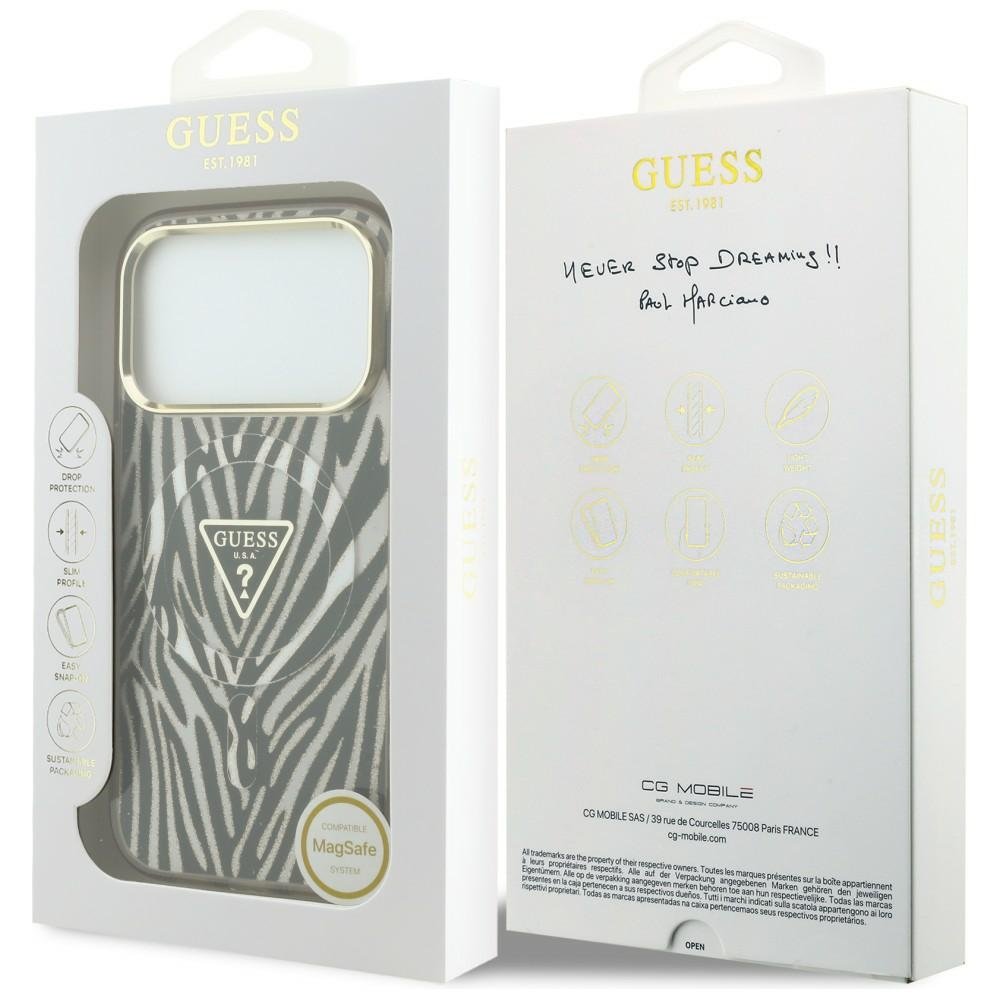 „Guess“ IML „Zebra Glitter Triangle Logo“ MagSafe apvalks iPhone 18 Pro / 17 Pro, zelta krāsā