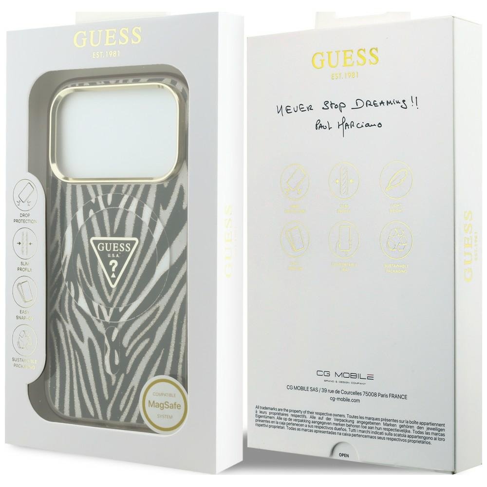 Guess IML Zebra Glitter Triangle Logo MagSafe vāciņš iPhone 18 Pro Max / 17 Pro Max, zelta krāsā