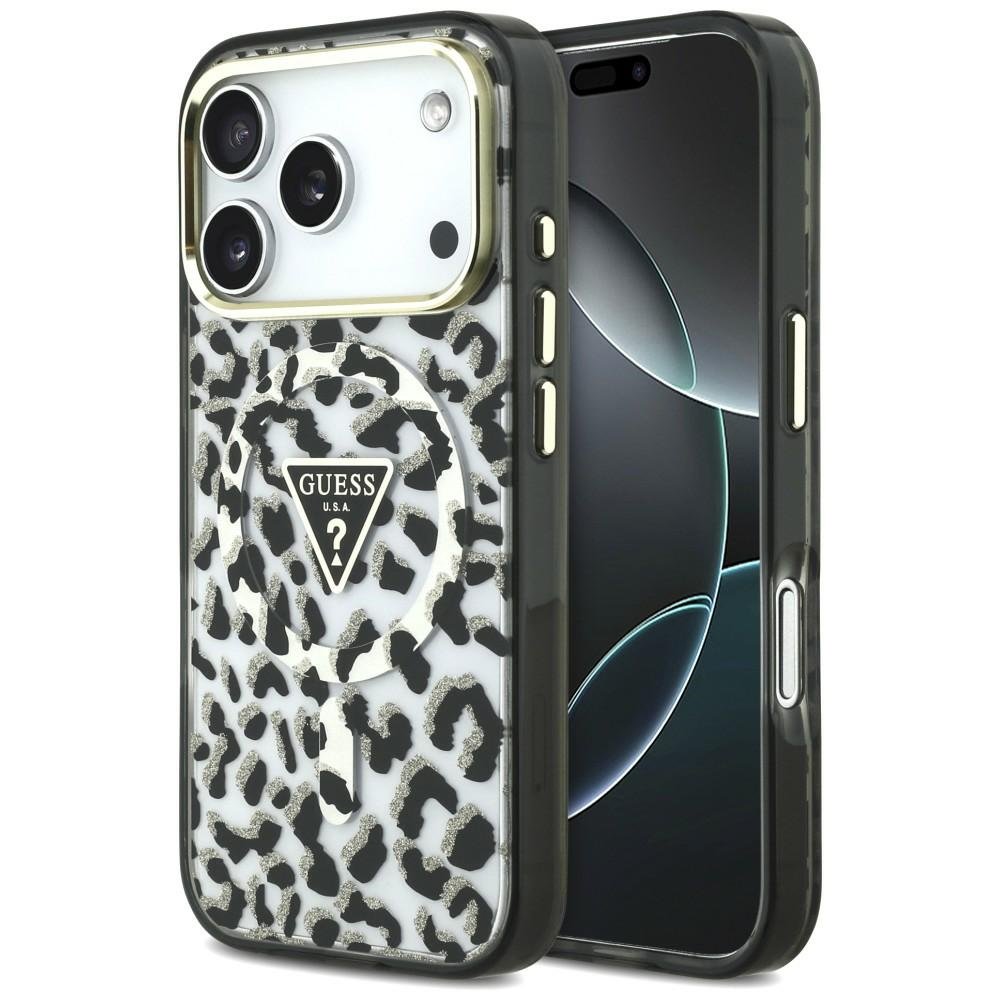 Guess IML Leopard Glitter Triangle Logo MagSafe vāciņš iPhone 18 Pro / 17 Pro, melns