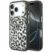 Guess IML Leopard Glitter Triangle Logo MagSafe vāciņš iPhone 18 Pro / 17 Pro, melns