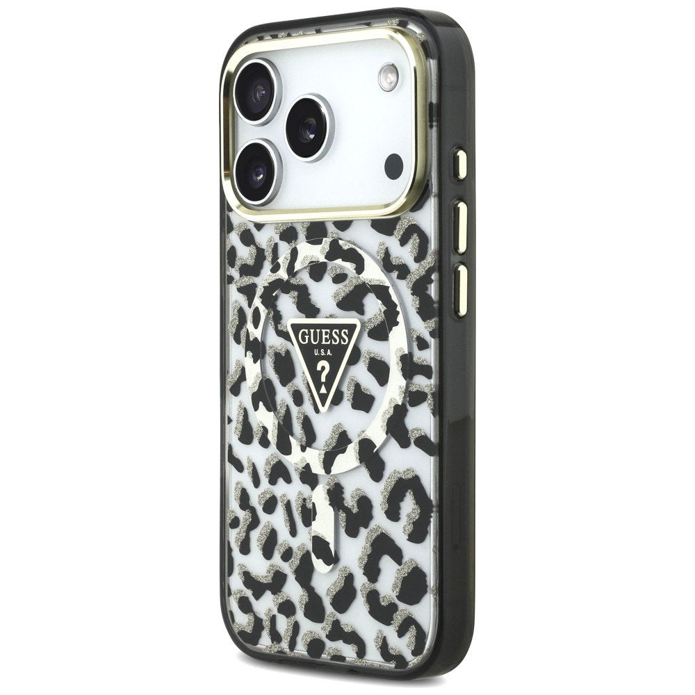 Guess IML Leopard Glitter Triangle Logo MagSafe vāciņš iPhone 18 Pro / 17 Pro, melns