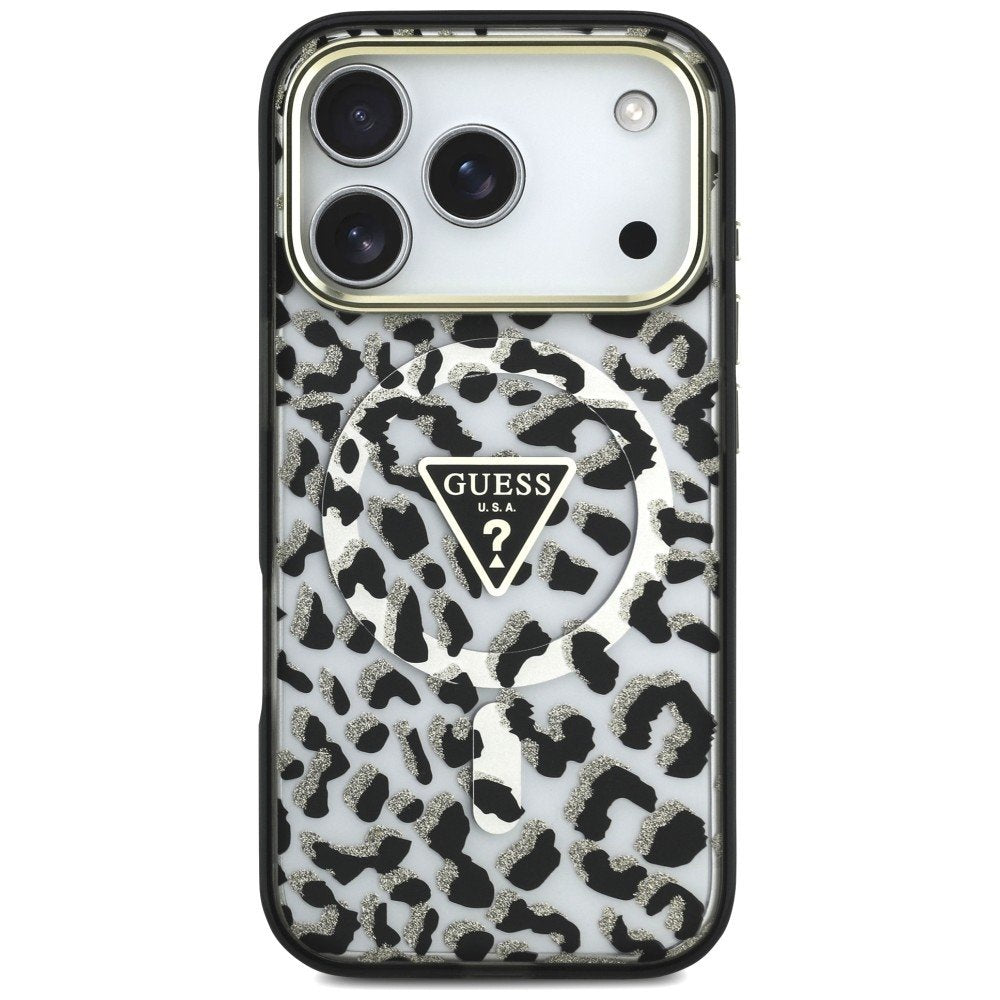 Guess IML Leopard Glitter Triangle Logo MagSafe vāciņš iPhone 18 Pro / 17 Pro, melns