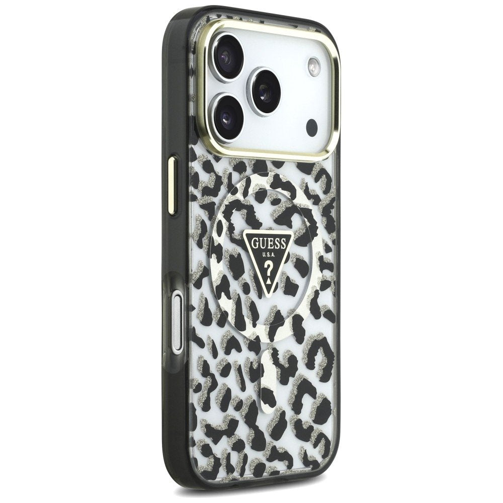 Guess IML Leopard Glitter Triangle Logo MagSafe vāciņš iPhone 18 Pro / 17 Pro, melns