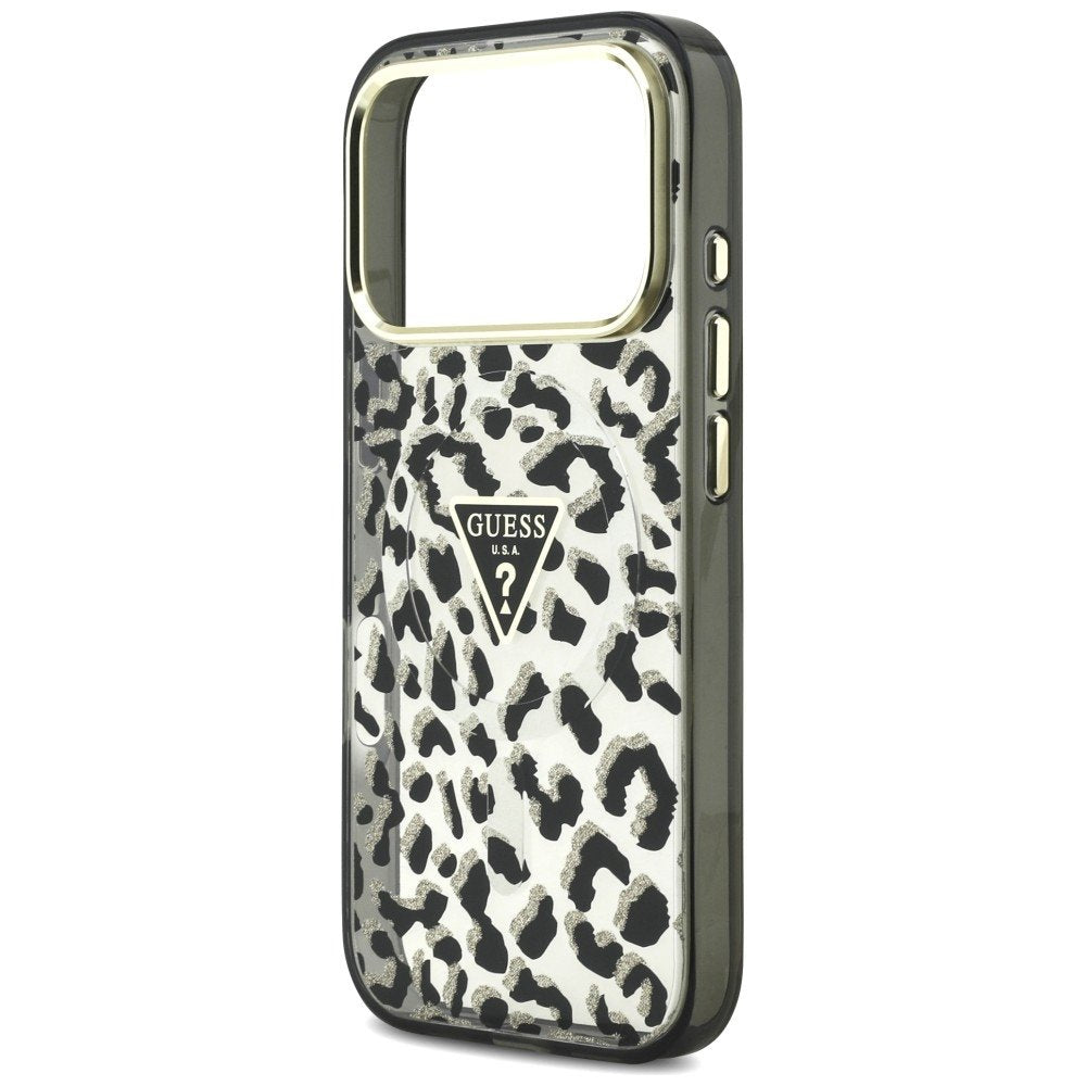 Guess IML Leopard Glitter Triangle Logo MagSafe vāciņš iPhone 18 Pro / 17 Pro, melns