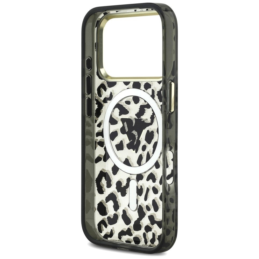 Guess IML Leopard Glitter Triangle Logo MagSafe vāciņš iPhone 18 Pro / 17 Pro, melns