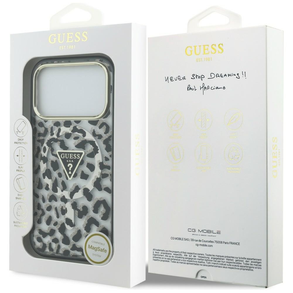 Guess IML Leopard Glitter Triangle Logo MagSafe vāciņš iPhone 18 Pro / 17 Pro, melns