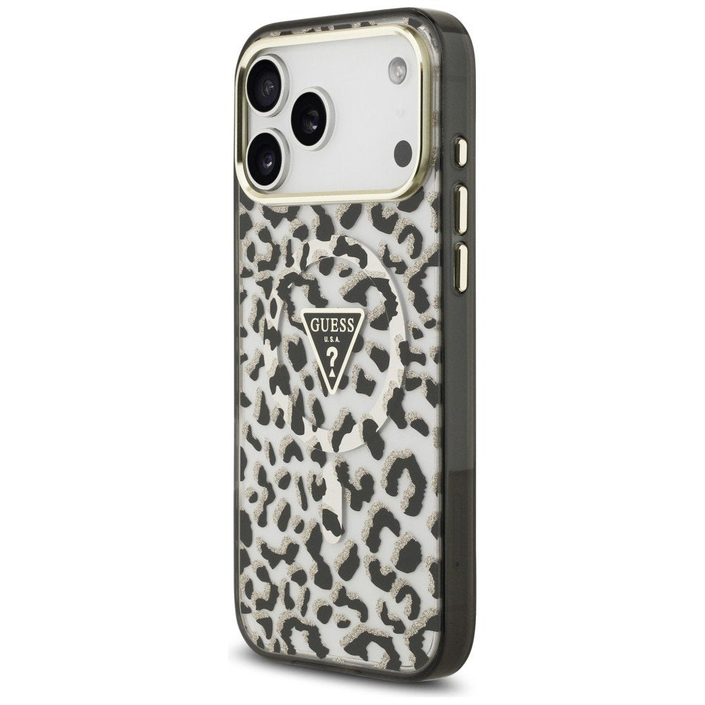 „Guess IML“ „Leopard Glitter Triangle Logo“ MagSafe apvalks iPhone 18 Pro Max / 17 Pro Max, melns