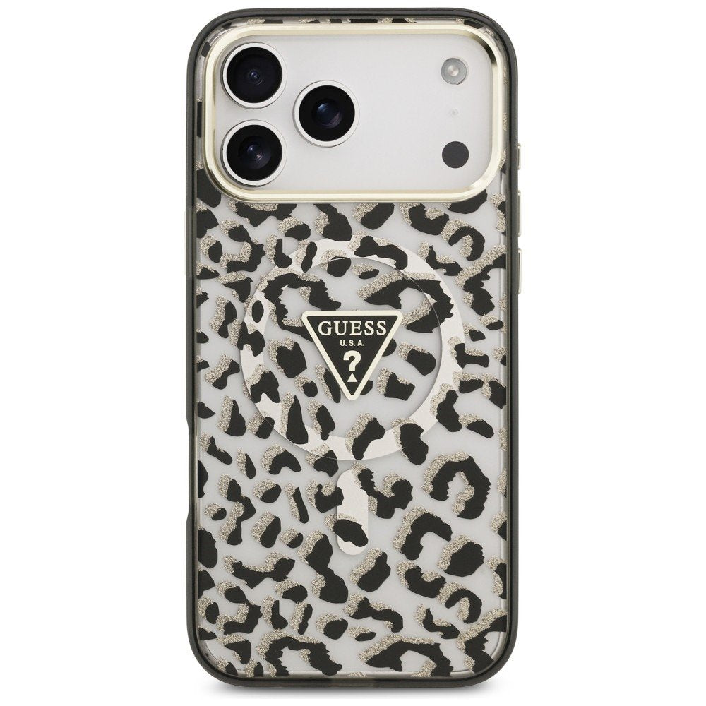 „Guess IML“ „Leopard Glitter Triangle Logo“ MagSafe apvalks iPhone 18 Pro Max / 17 Pro Max, melns