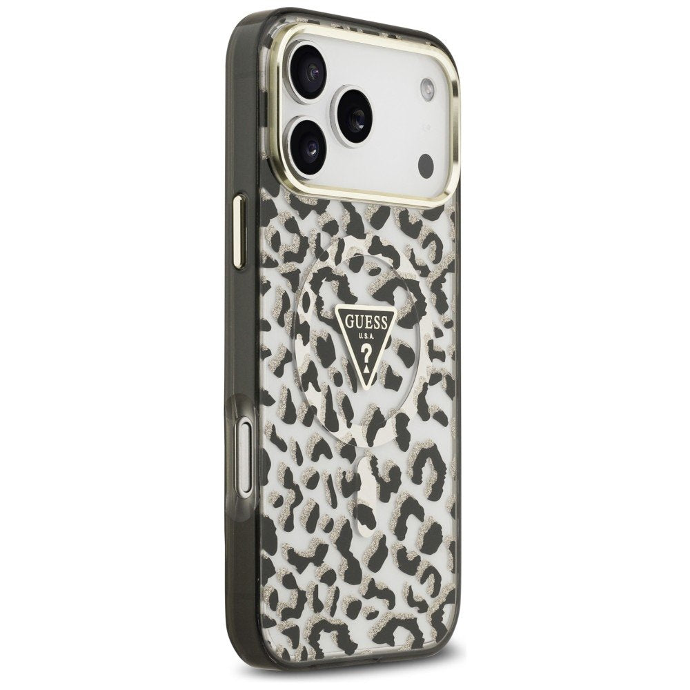 „Guess IML“ „Leopard Glitter Triangle Logo“ MagSafe apvalks iPhone 18 Pro Max / 17 Pro Max, melns