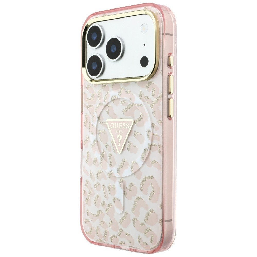 „Guess IML“ leoparda raksta ar gliteriem un trīsstūra logotipu „MagSafe“ apvalks iPhone 18 Pro / 17 Pro, rozā krāsā