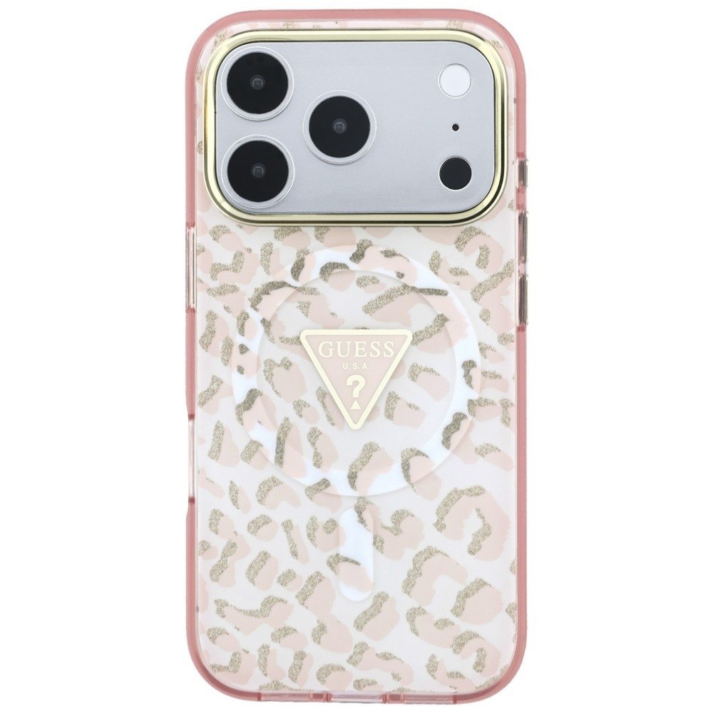 „Guess IML“ leoparda raksta ar gliteriem un trīsstūra logotipu „MagSafe“ apvalks iPhone 18 Pro / 17 Pro, rozā krāsā