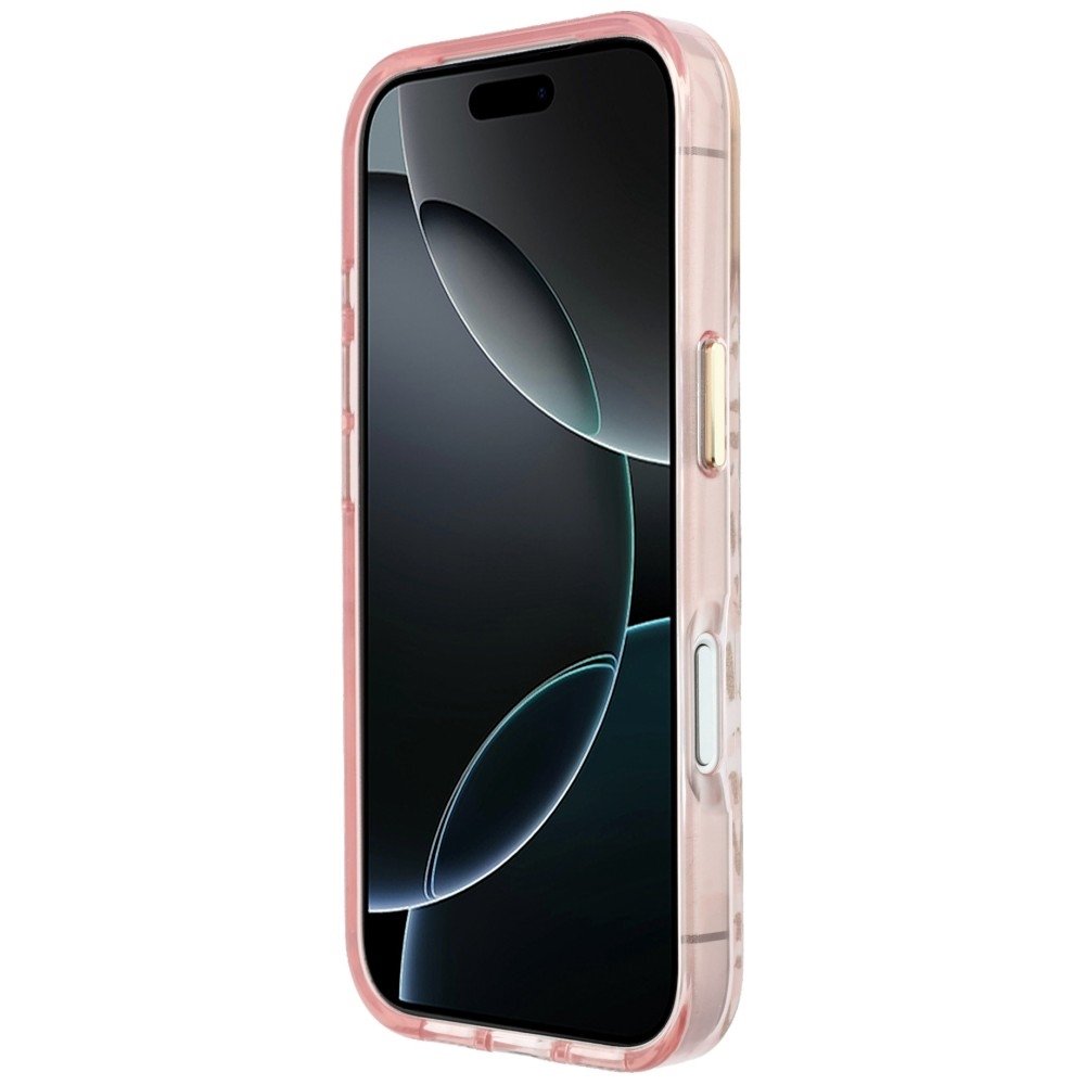 „Guess IML“ leoparda raksta ar gliteriem un trīsstūra logotipu „MagSafe“ apvalks iPhone 18 Pro / 17 Pro, rozā krāsā