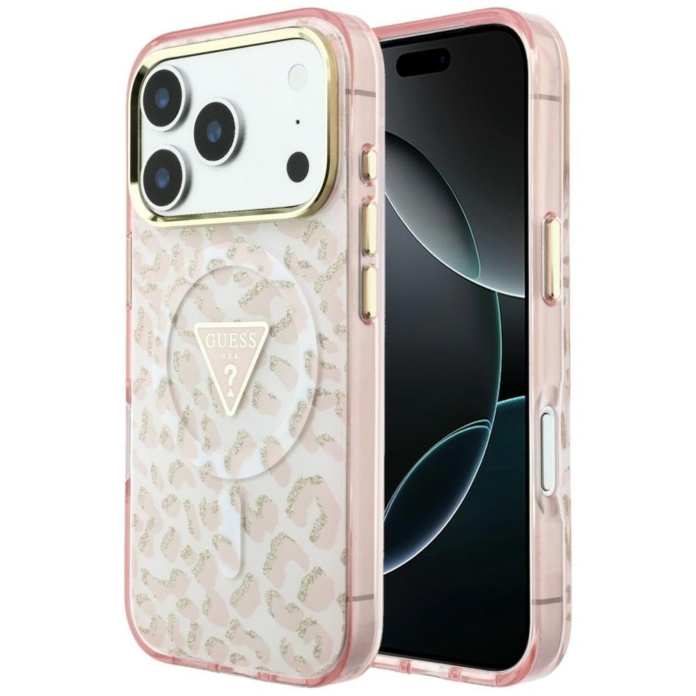 „Guess IML“ „Leopard Glitter Triangle Logo“ MagSafe apvalks iPhone 18 Pro Max / 17 Pro Max, rozā krāsā