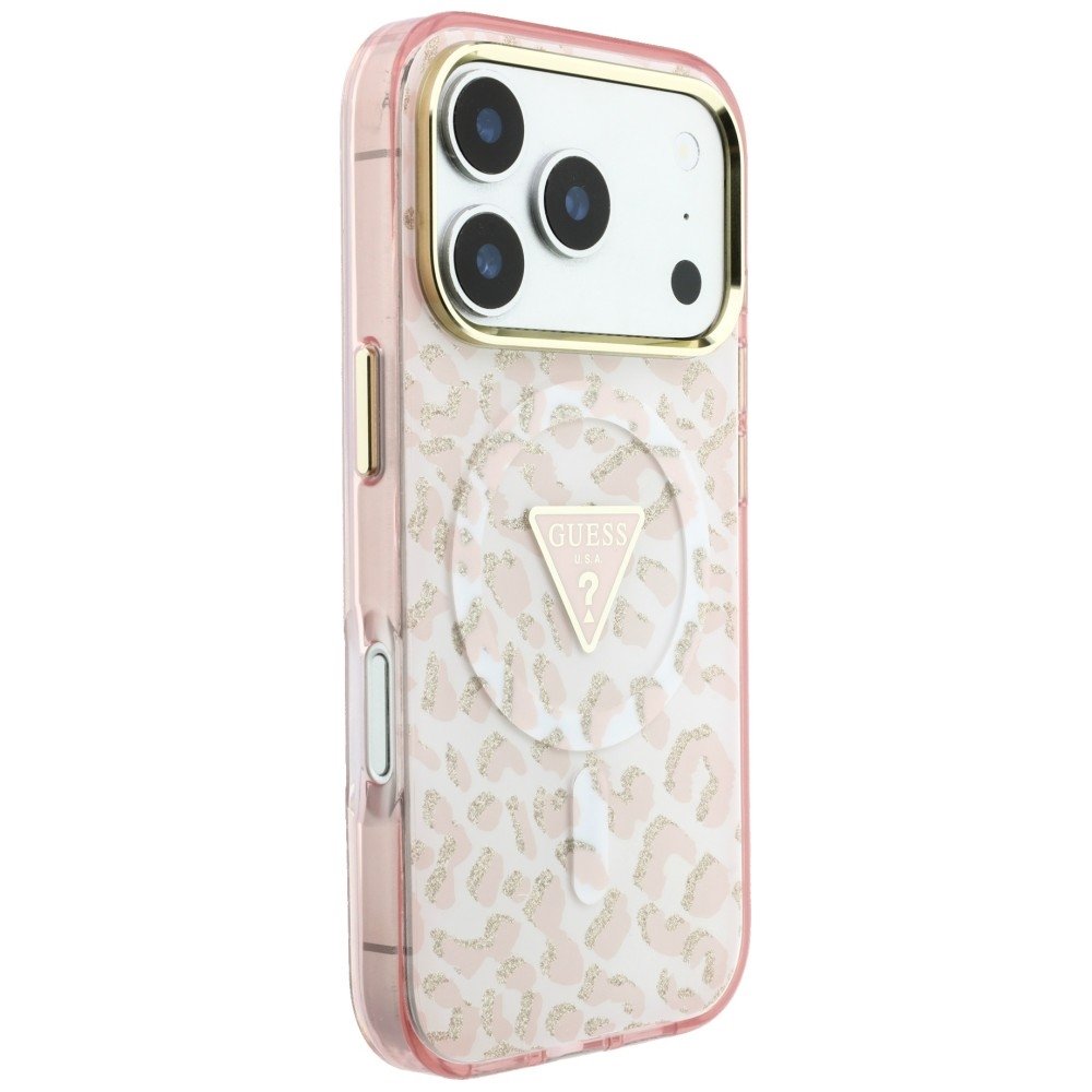 „Guess IML“ „Leopard Glitter Triangle Logo“ MagSafe apvalks iPhone 18 Pro Max / 17 Pro Max, rozā krāsā