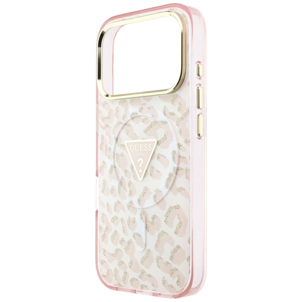 „Guess IML“ „Leopard Glitter Triangle Logo“ MagSafe apvalks iPhone 18 Pro Max / 17 Pro Max, rozā krāsā