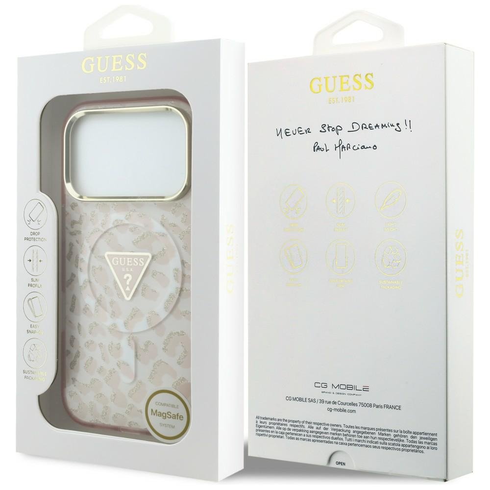 „Guess IML“ „Leopard Glitter Triangle Logo“ MagSafe apvalks iPhone 18 Pro Max / 17 Pro Max, rozā krāsā