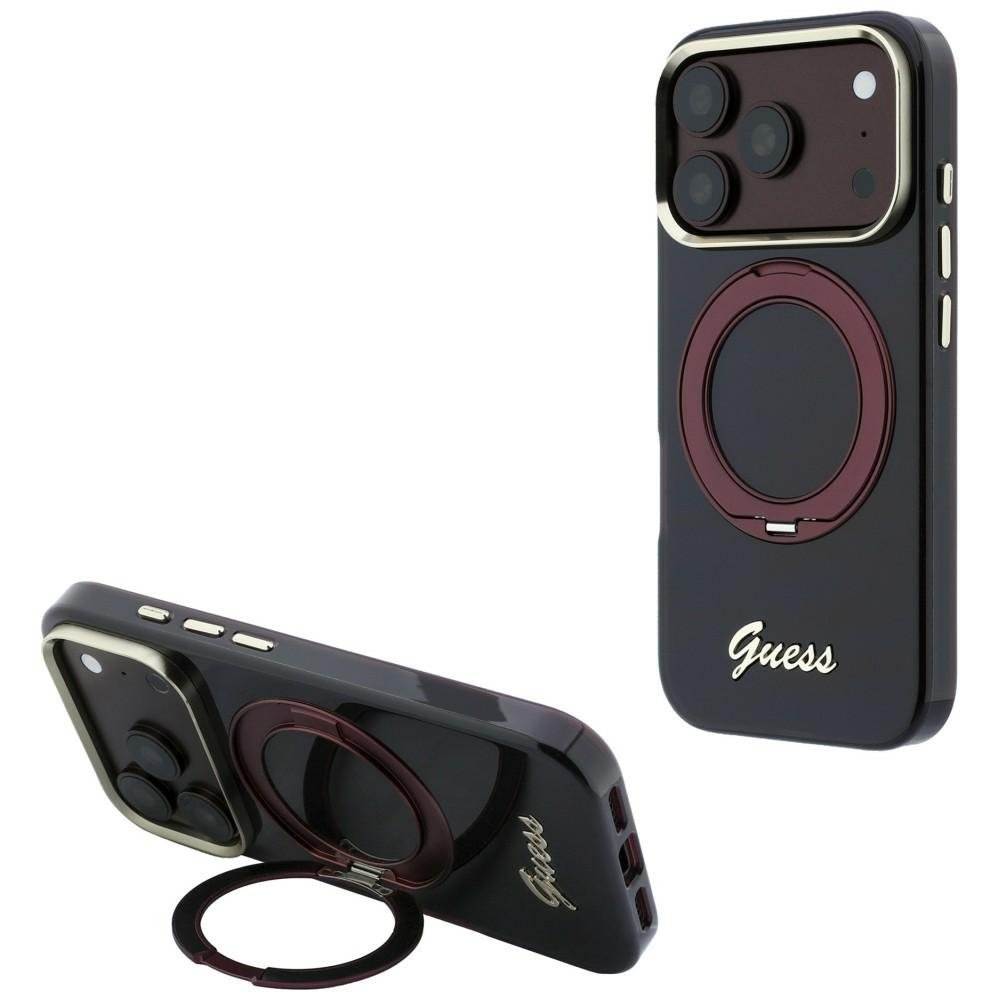 „Guess IML Ring Stand 360 Script Metal Logo MagSafe“ apvalks iPhone 18 Pro / 17 Pro, bordo krāsā