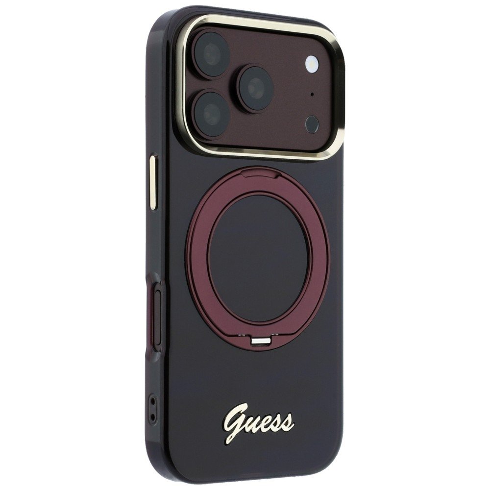 „Guess IML Ring Stand 360 Script Metal Logo MagSafe“ apvalks iPhone 18 Pro / 17 Pro, bordo krāsā