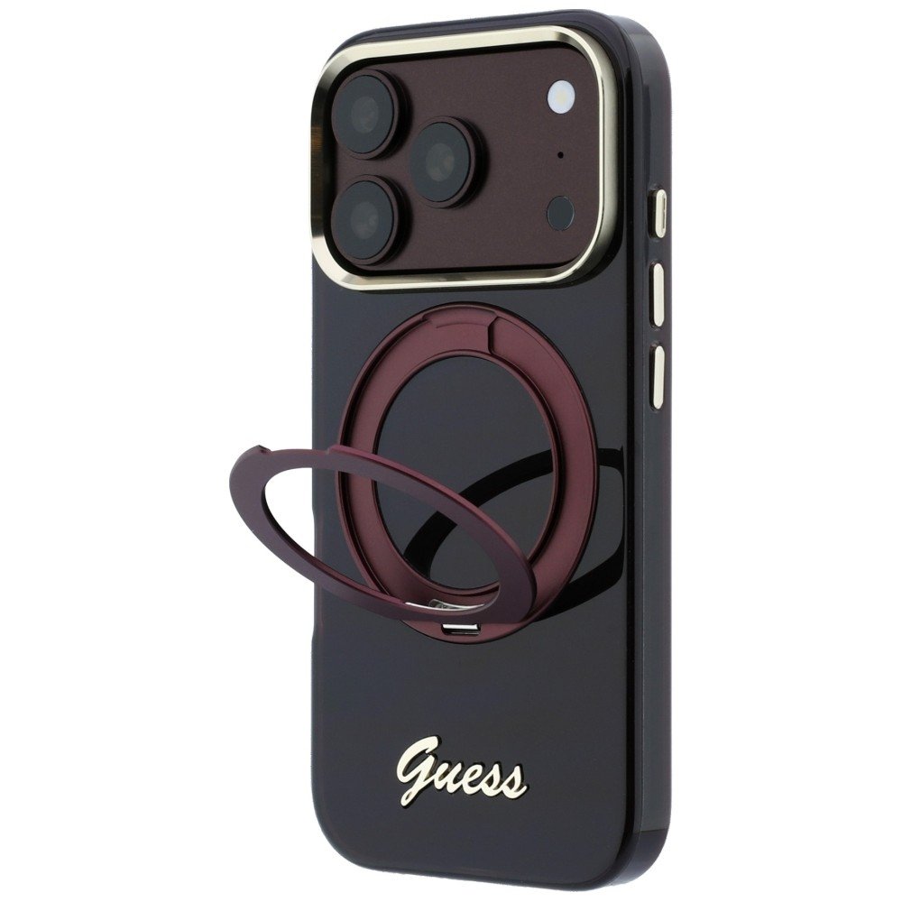 „Guess IML Ring Stand 360 Script Metal Logo MagSafe“ apvalks iPhone 18 Pro Max / 17 Pro Max, bordo krāsā