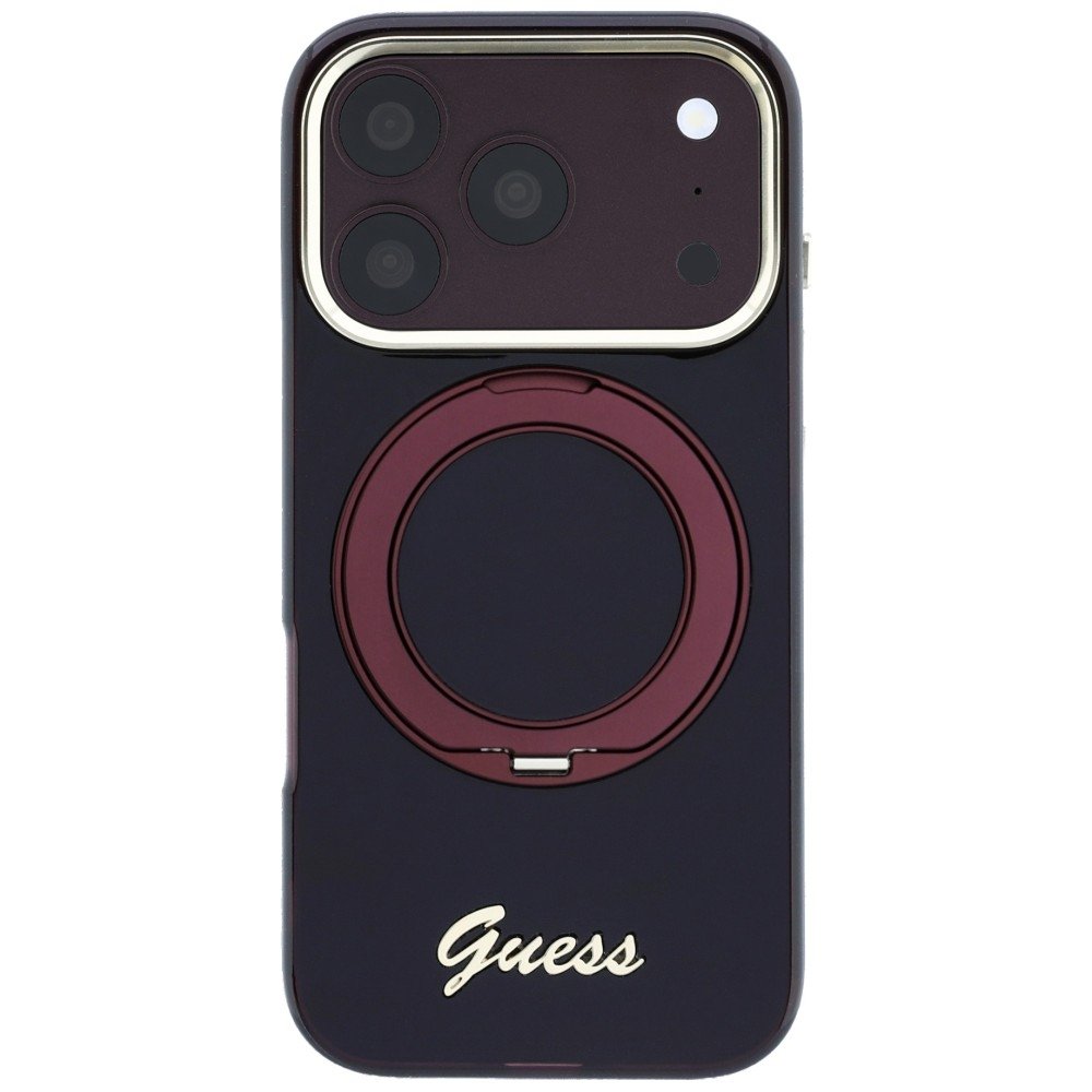 „Guess IML Ring Stand 360 Script Metal Logo MagSafe“ apvalks iPhone 18 Pro Max / 17 Pro Max, bordo krāsā