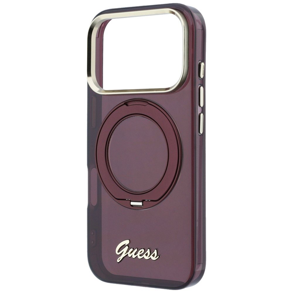 „Guess IML Ring Stand 360 Script Metal Logo MagSafe“ apvalks iPhone 18 Pro Max / 17 Pro Max, bordo krāsā