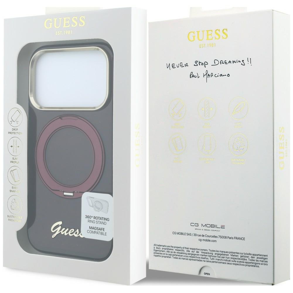 „Guess IML Ring Stand 360 Script Metal Logo MagSafe“ apvalks iPhone 18 Pro Max / 17 Pro Max, bordo krāsā