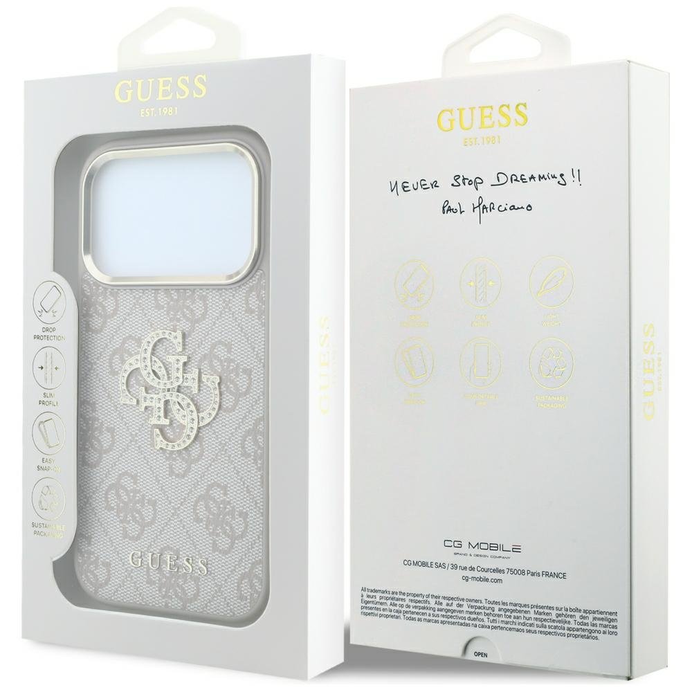 „Guess“ 4G un liela strassu logotipa apvalks iPhone 18 Pro / 17 Pro, rozā krāsā