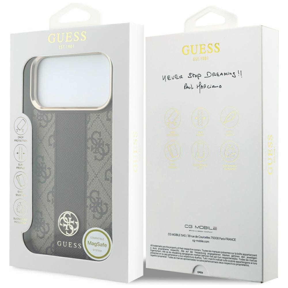 „Guess 4G“ MagSafe apvalks ar „Stripe Round“ un „Classic“ logotipiem iPhone 18 Pro / 17 Pro, brūns