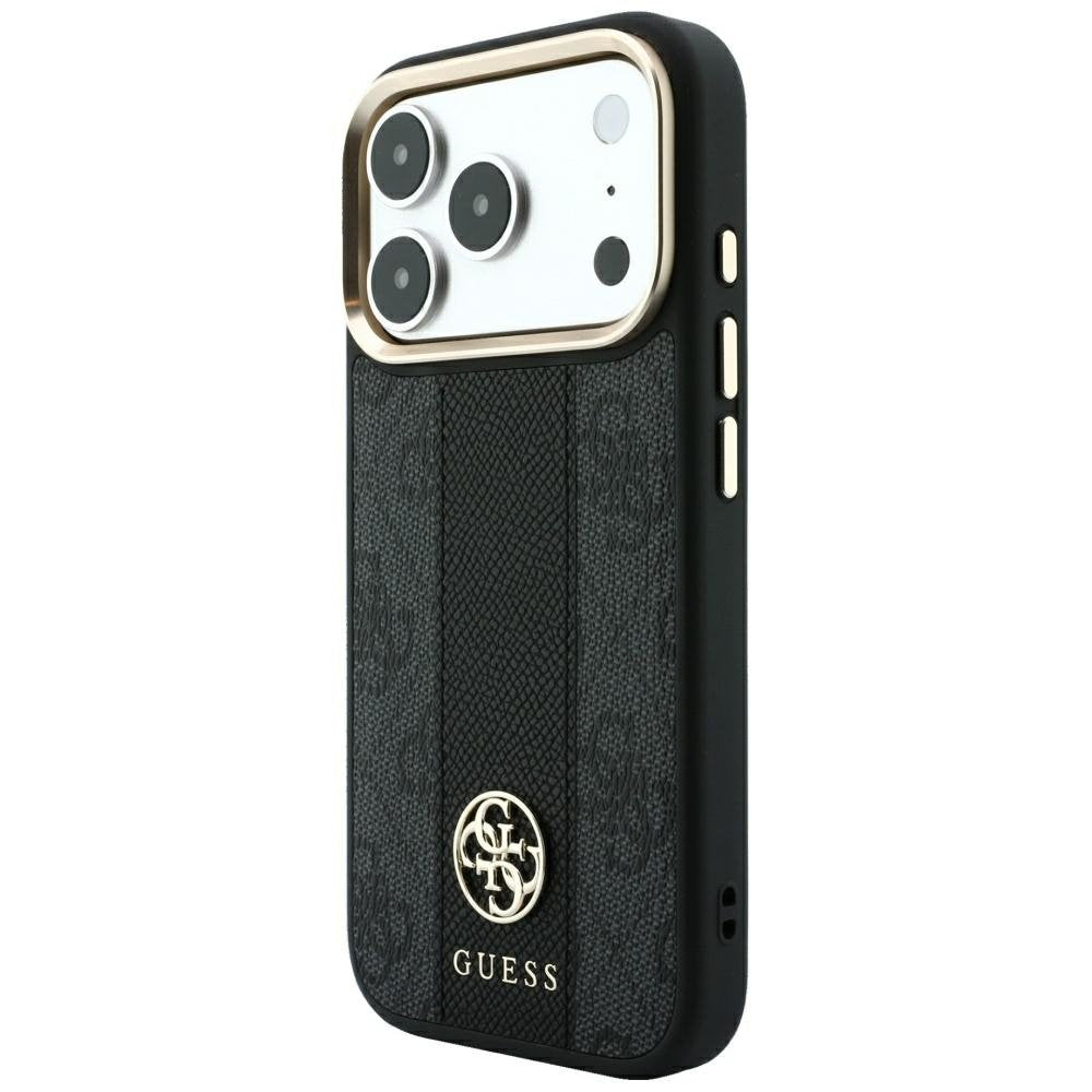 „Guess 4G“ ar „Stripe“ apaļajiem un klasiskajiem logotipiem — „MagSafe“ apvalks iPhone 18 Pro / 17 Pro, melns