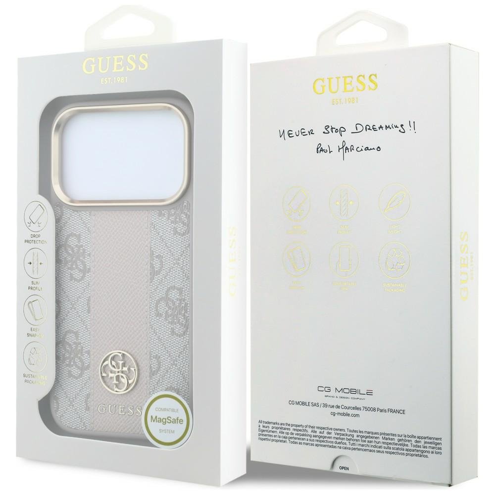 „Guess 4G“ ar „Stripe“ apaļajiem un klasiskajiem logotipiem – „MagSafe“ apvalks iPhone 18 Pro / 17 Pro, rozā krāsā