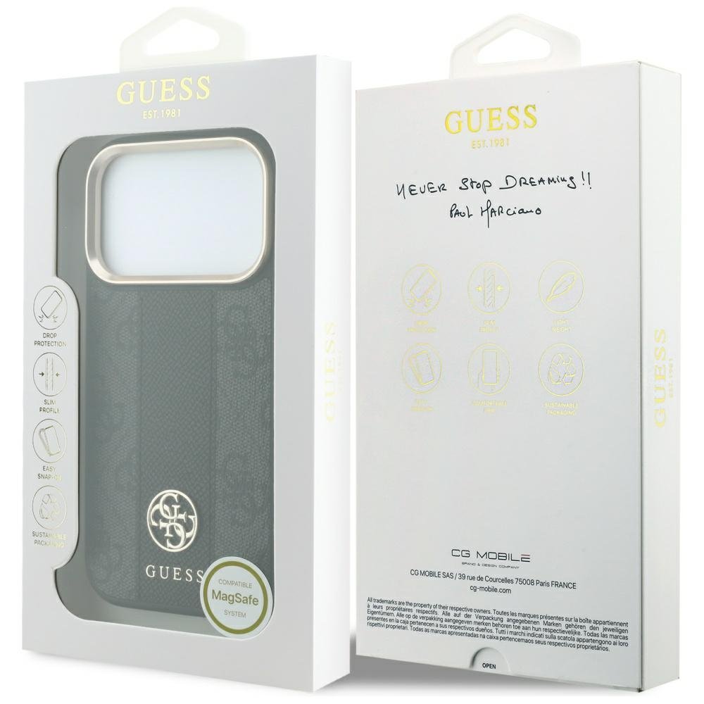 „Guess 4G“ ar „Stripe“ apaļajiem un klasiskajiem logotipiem – „MagSafe“ apvalks iPhone 18 Pro Max / 17 Pro Max, melns