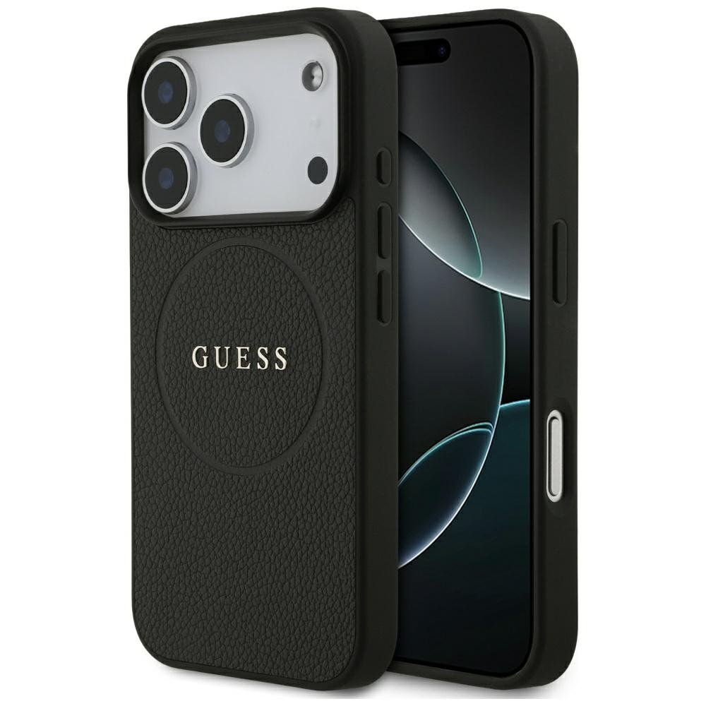 „Guess“ graudainais zelta gredzens „MagSafe“ apvalks iPhone 18 Pro / 17 Pro, melns