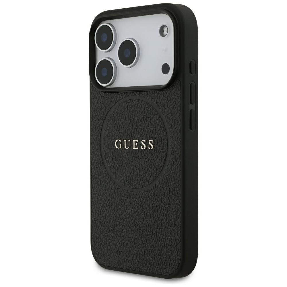 „Guess“ graudainais zelta gredzens „MagSafe“ apvalks iPhone 18 Pro / 17 Pro, melns
