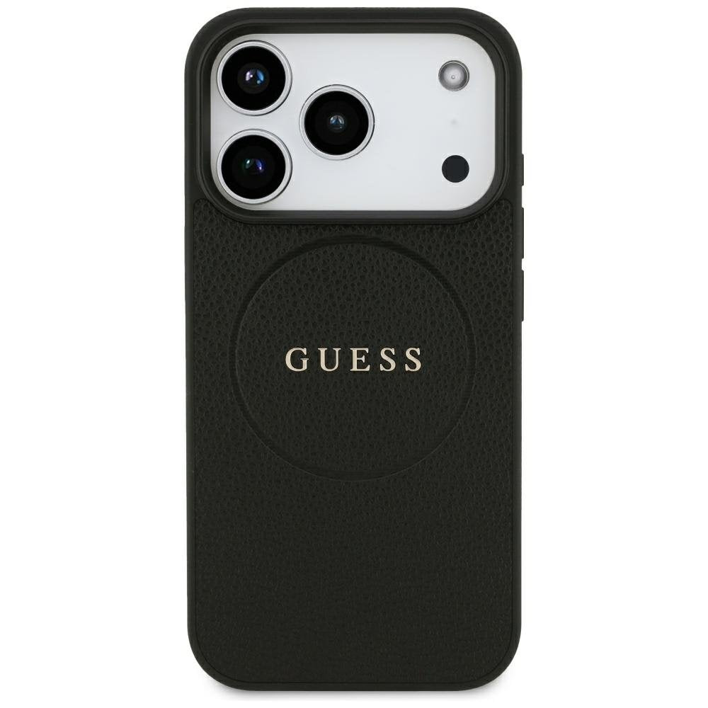 „Guess“ graudainais zelta gredzens „MagSafe“ apvalks iPhone 18 Pro / 17 Pro, melns