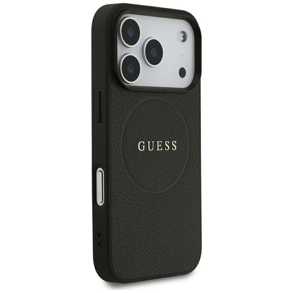 „Guess“ graudainais zelta gredzens „MagSafe“ apvalks iPhone 18 Pro / 17 Pro, melns