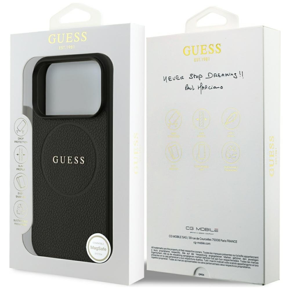 „Guess“ graudainais zelta gredzens „MagSafe“ apvalks iPhone 18 Pro / 17 Pro, melns
