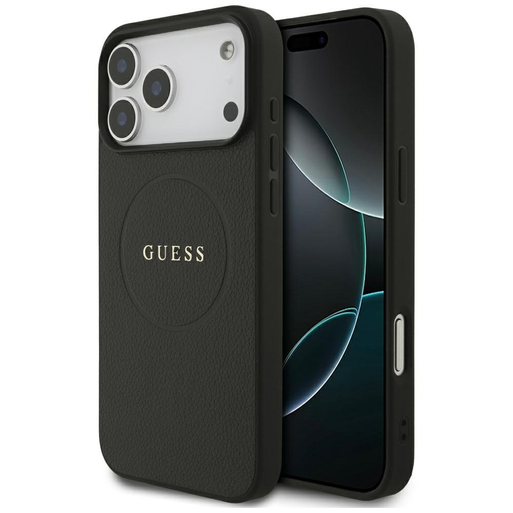 „Guess“ graudainā zelta gredzena formas „MagSafe“ apvalks iPhone 18 Pro Max / 17 Pro Max, melns