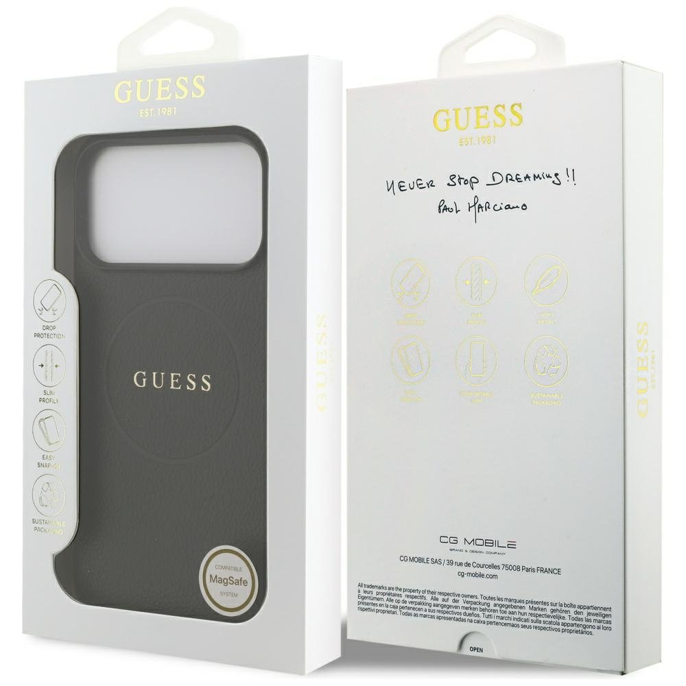 „Guess“ graudainā zelta gredzena formas „MagSafe“ apvalks iPhone 18 Pro Max / 17 Pro Max, melns