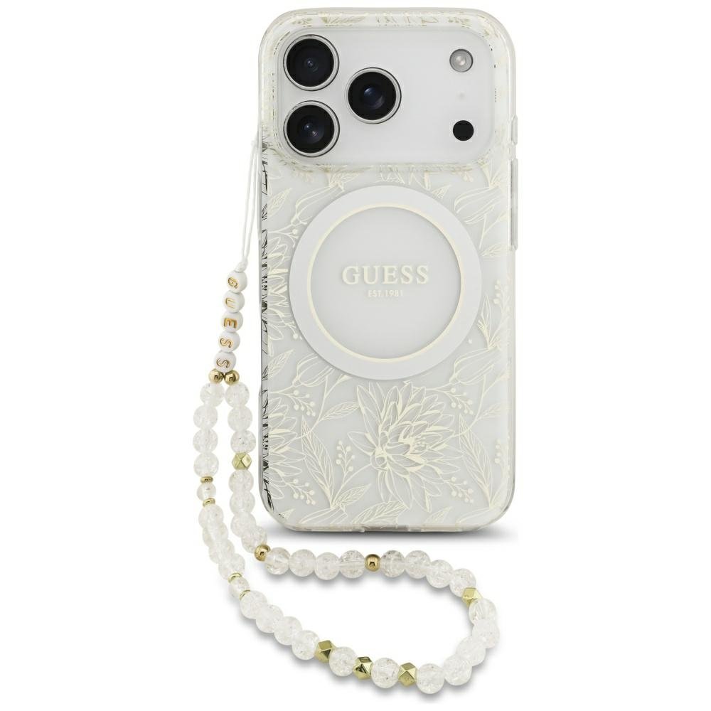 „Guess“ IML „Flowers Allover“ galvanizēts ar pērļu siksnu un MagSafe funkciju vāciņš iPhone 18 Pro / 17 Pro, balts