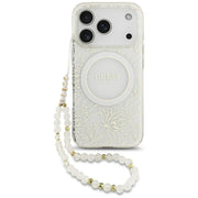 „Guess“ IML „Flowers Allover“ galvanizēts ar pērļu siksnu un MagSafe funkciju vāciņš iPhone 18 Pro / 17 Pro, balts