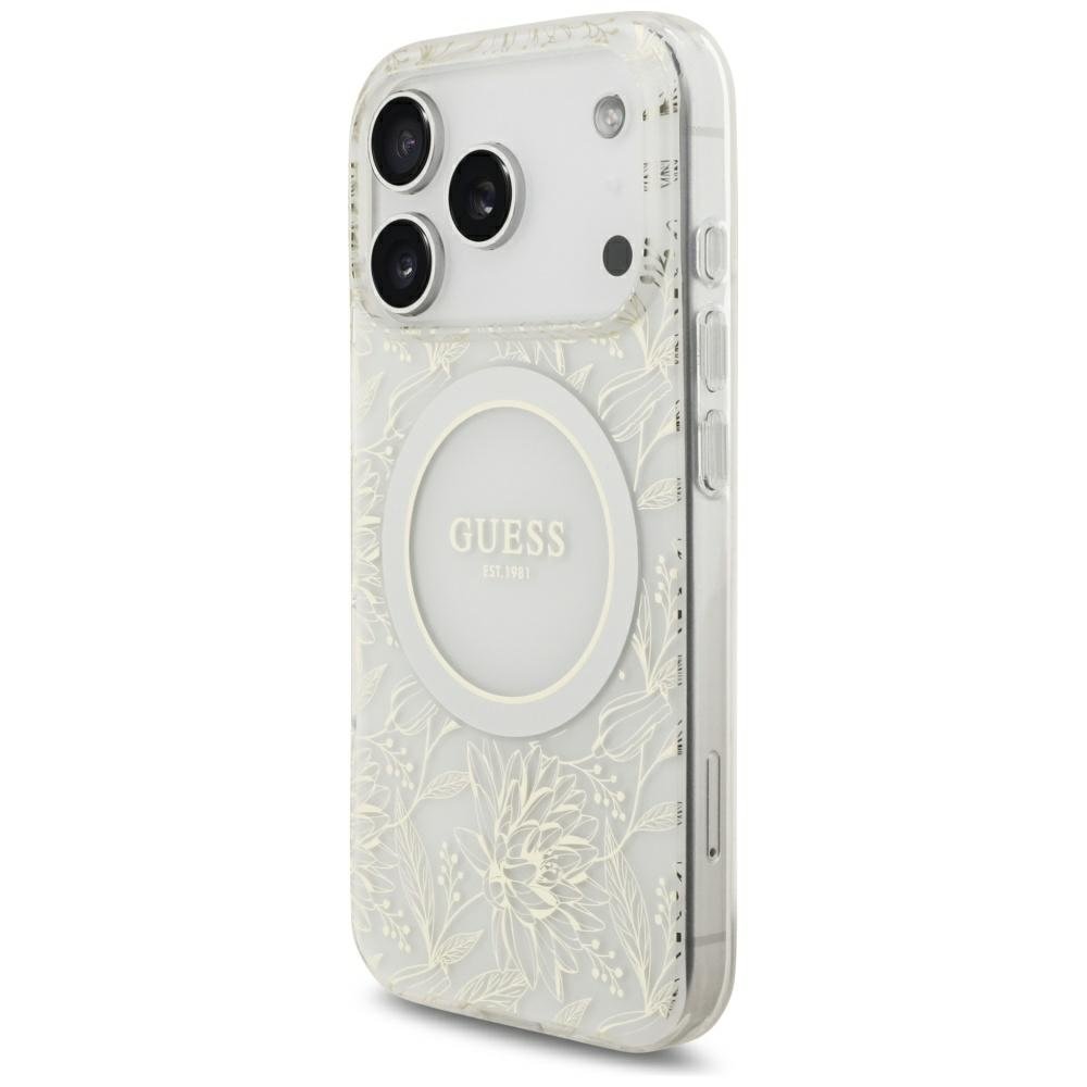 „Guess“ IML „Flowers Allover“ galvanizēts ar pērļu siksnu un MagSafe funkciju vāciņš iPhone 18 Pro / 17 Pro, balts