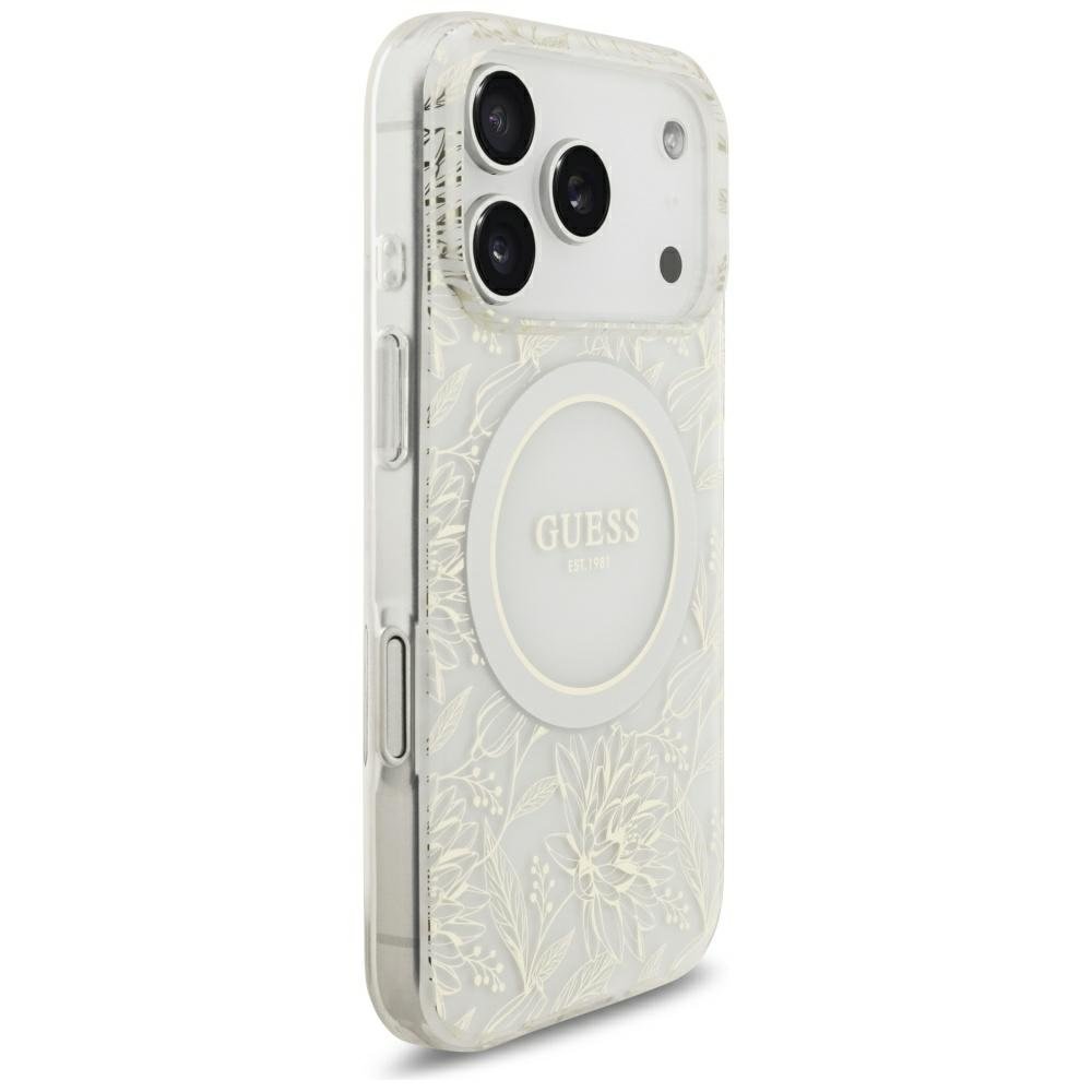 „Guess“ IML „Flowers Allover“ galvanizēts ar pērļu siksnu un MagSafe funkciju vāciņš iPhone 18 Pro / 17 Pro, balts