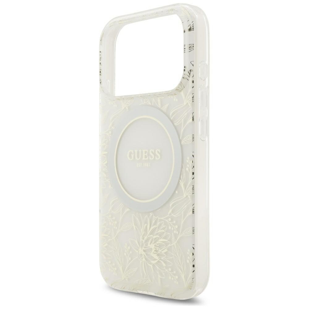 „Guess“ IML „Flowers Allover“ galvanizēts ar pērļu siksnu un MagSafe funkciju vāciņš iPhone 18 Pro / 17 Pro, balts