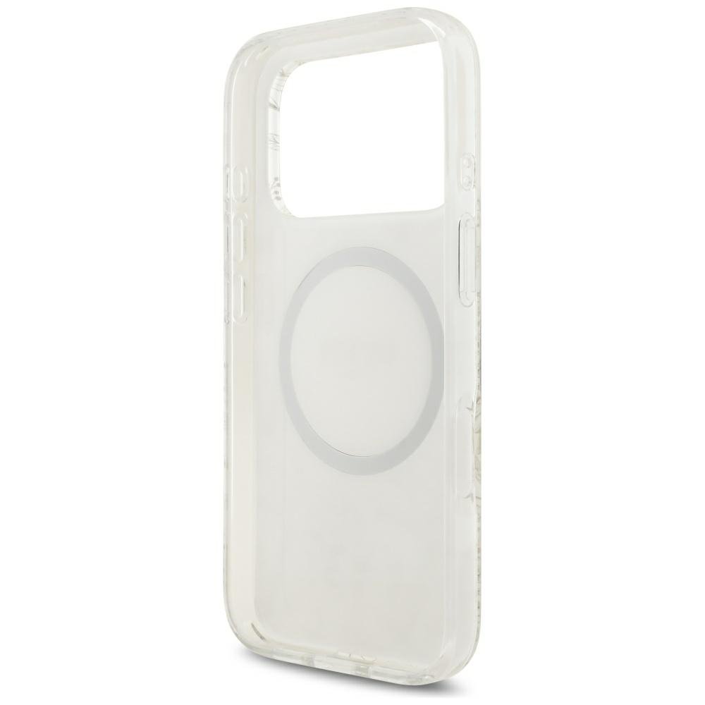 „Guess“ IML „Flowers Allover“ galvanizēts ar pērļu siksnu un MagSafe funkciju vāciņš iPhone 18 Pro / 17 Pro, balts