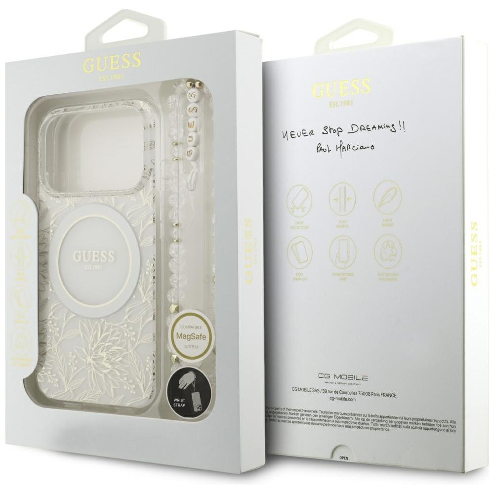 „Guess“ IML „Flowers Allover“ galvanizēts ar pērļu siksnu un MagSafe funkciju vāciņš iPhone 18 Pro / 17 Pro, balts