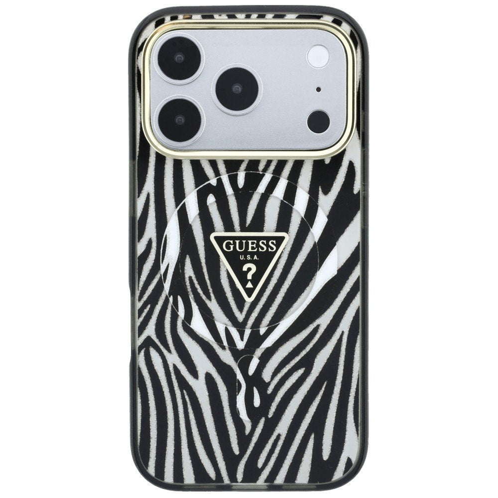 „Guess IML Zebra Glitter Triangle Logo MagSafe“ apvalks iPhone 18 Pro / 17 Pro, sudraba krāsā