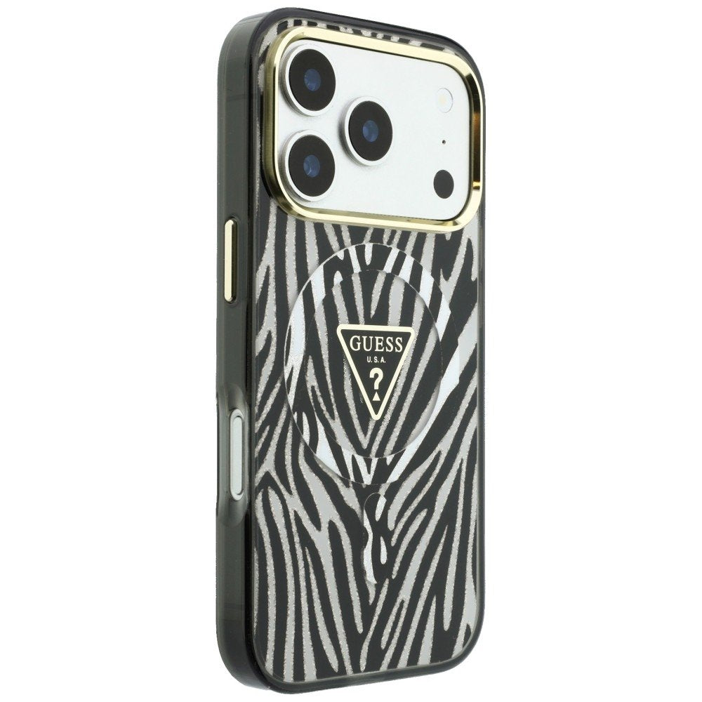 „Guess IML Zebra Glitter Triangle Logo MagSafe“ apvalks iPhone 18 Pro / 17 Pro, sudraba krāsā