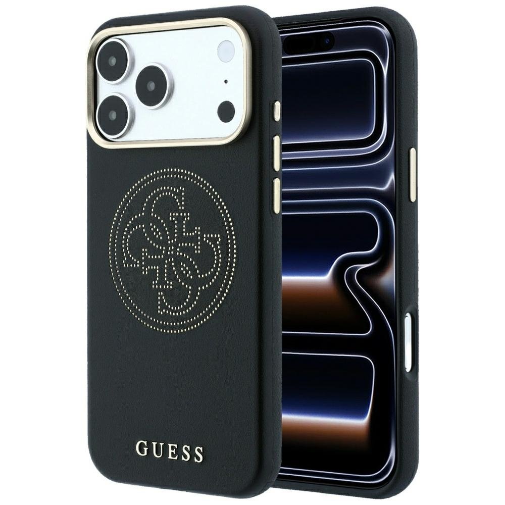 „Guess“ perforēts 4G zelta logotipa „Magsafe“ apvalks iPhone 18 Pro / 17 Pro, melns