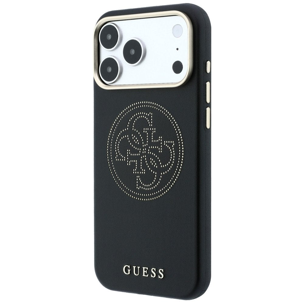 „Guess“ perforēts 4G zelta logotipa „Magsafe“ apvalks iPhone 18 Pro / 17 Pro, melns