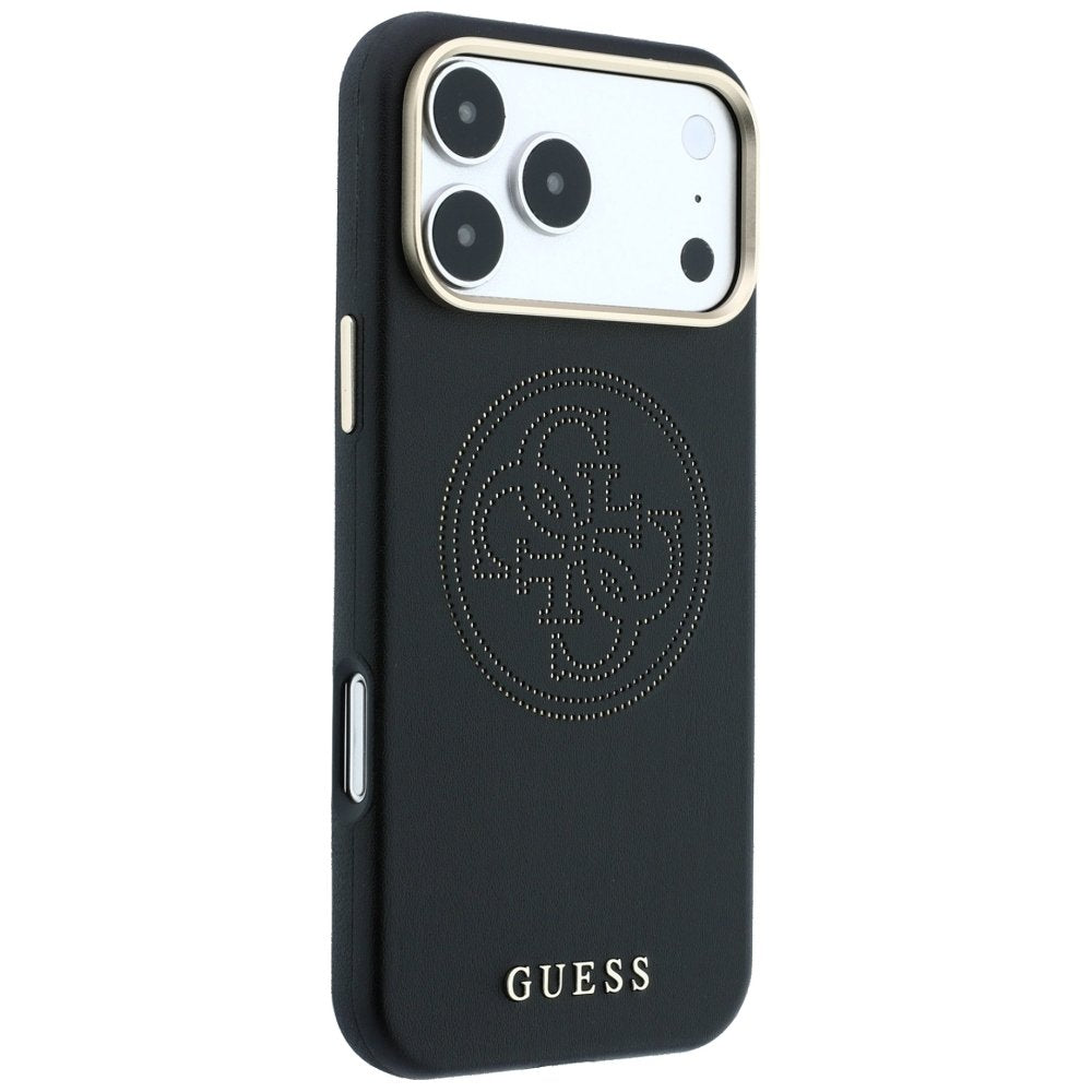 „Guess“ perforēts 4G zelta logotipa „Magsafe“ apvalks iPhone 18 Pro / 17 Pro, melns